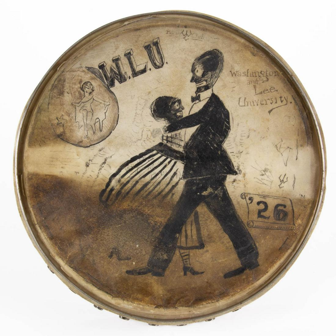 VIRGINIA FOLK ART BLACK AMERICANA BANJO: VIRGINIA FOLK ART BLACK AMERICANA BANJO, depicting dancing figure for Washington and Lee University Banjo Club, no signatures located. 1926. 11" D.
