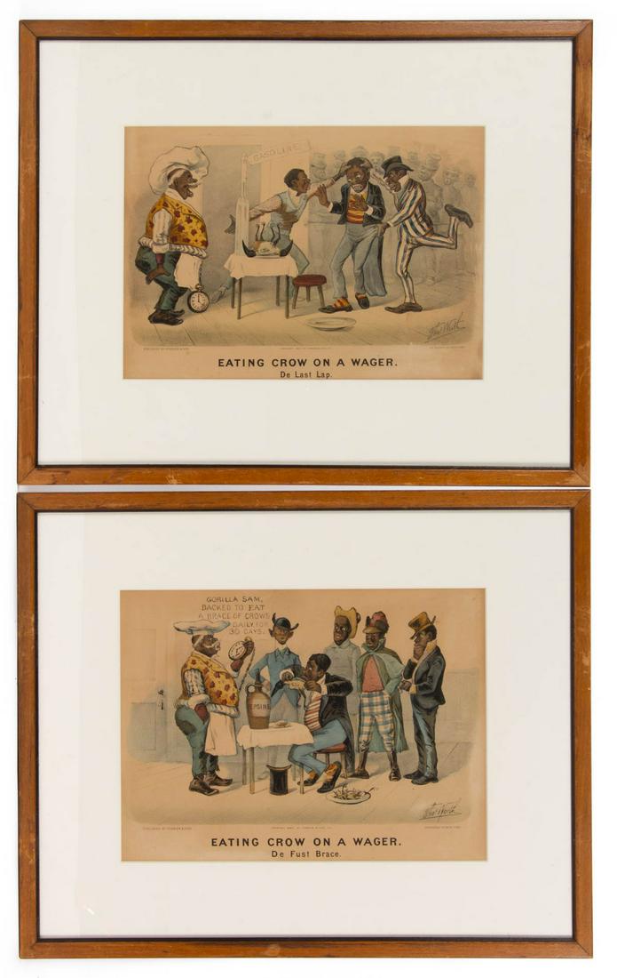PAIR OF CURRIER & IVES BLACK AMERICANA PRINTS: PAIR OF CURRIER & IVES BLACK AMERICANA PRINTS, lithograph on paper (each), from the Darktown series, one titled "EATING CROW ON A WAGER / De Fust Brace" and the other "EATING CROW ON A WAGER / De Last