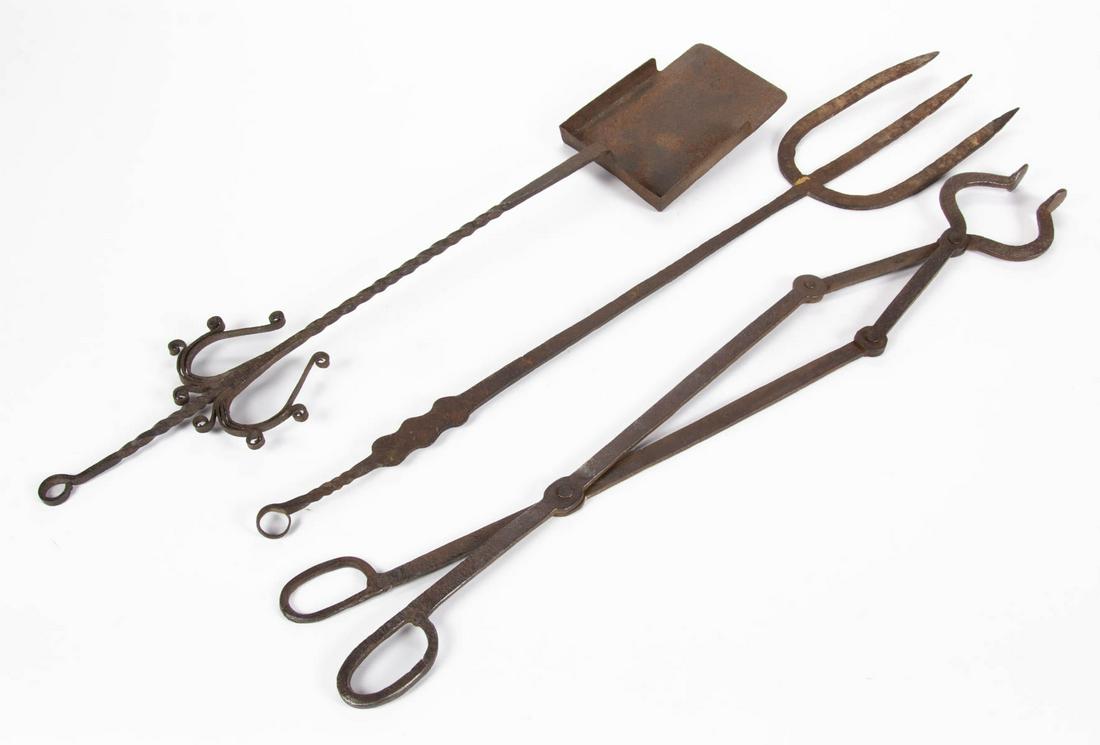 ASSORTED WROUGHT-IRON HEARTH UTENSILS / DOMESTIC: ASSORTED WROUGHT-IRON HEARTH UTENSILS / DOMESTIC ARTICLES, LOT OF THREE, comprising a shovel with scroll and heart ornamentation to a spiraling handle with ring extension; a jointed pair of lazy ember