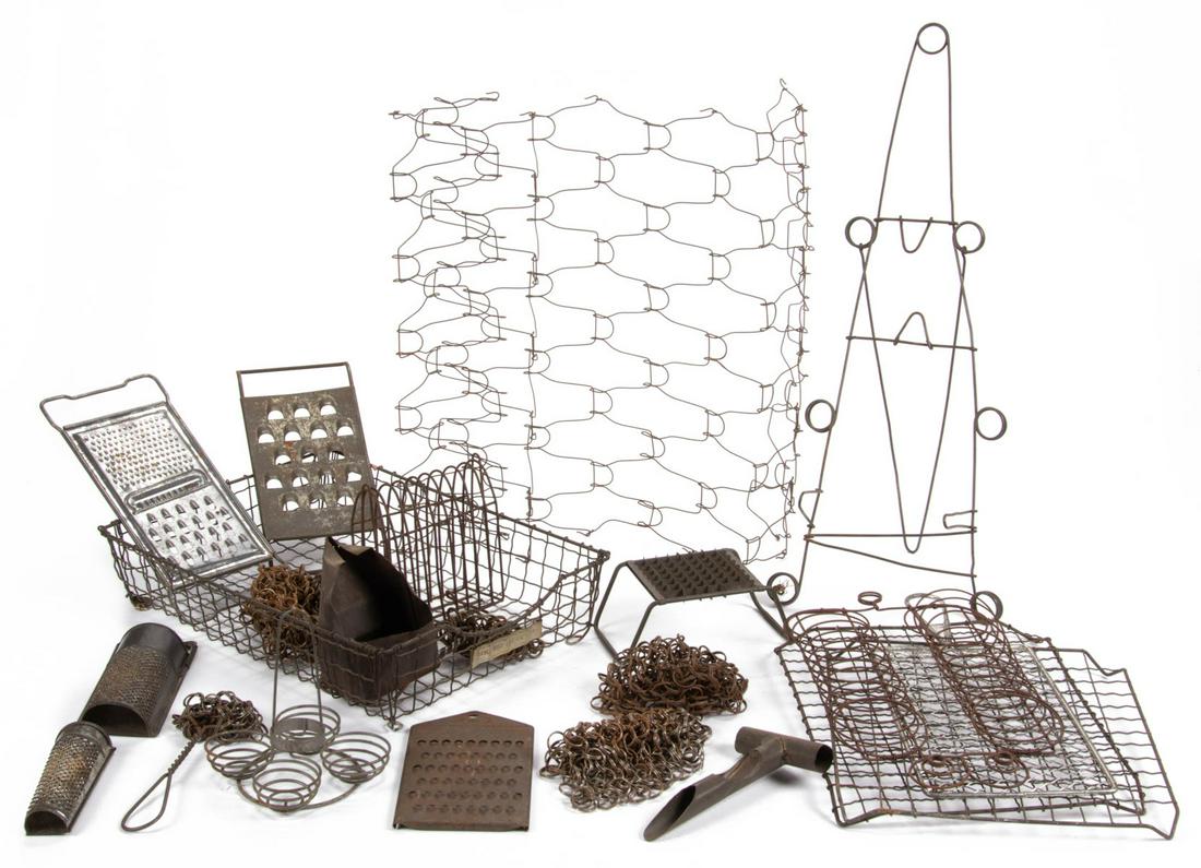 ASSORTED KITCHEN / DOMESTIC ARTICLES: ASSORTED KITCHEN / DOMESTIC ARTICLES, uncounted, including nutmeg grater, and shredder examples including one embossed "3 IN 1 / LIGHTING SHREDDER / PAT PEN", and "ACME WIRE LETTER TRAY". 20th century