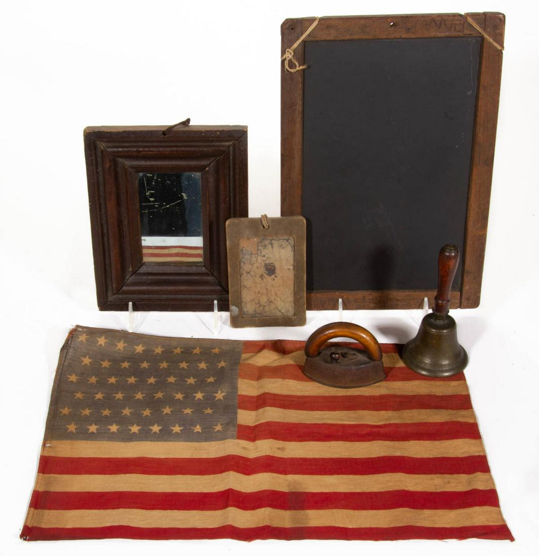 ASSORTED DOMESTIC ARTICLES, LOT OF SIX: ASSORTED DOMESTIC ARTICLES, LOT OF SIX, including 48-star American parade flag, school bell, miniature flat-iron, and wall mirror / looking glass example. 19th/first quarter 20th century. Bell 5 1/2" 