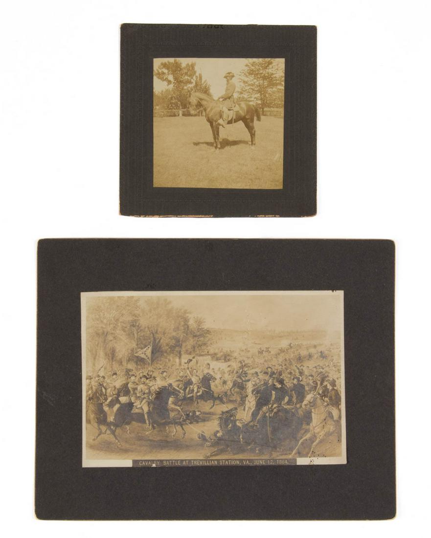 CIVIL WAR RELATED PHOTOGRAPHS, LOT OF TWO: CIVIL WAR RELATED PHOTOGRAPHS, LOT OF TWO, albumen prints on board, comprising a bearded Confederate Calvary veteran on horseback in full uniform with sword, and an image of "The Cavalry Battle at Tre