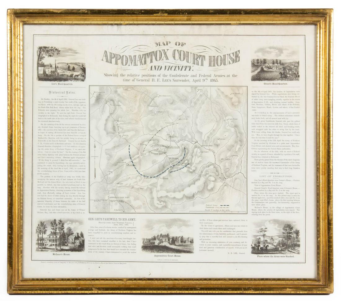 EXTREMELY RARE APPOMATTOX CIVIL WAR MAP: EXTREMELY RARE APPOMATTOX CIVIL WAR MAP, lithograph broadside, titled "MAP OF / APPOMATTOX COURT HOUSE / AND VICINITY. / Showing the relative positions of the Confederate and Federal Armies at the / t