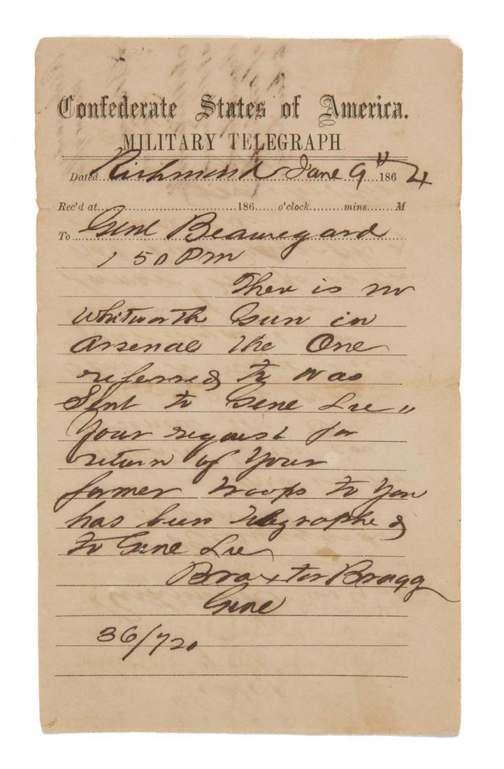 CIVIL WAR CONFEDERATE VIRGINIA MANUSCRIPT TELEGRAM: CIVIL WAR CONFEDERATE VIRGINIA MANUSCRIPT TELEGRAM, ink and print on paper, from General Braxton Bragg to General G.T. Beauregard, from Richmond, June 9, 1864, during the "Battle of Old Men and Young 