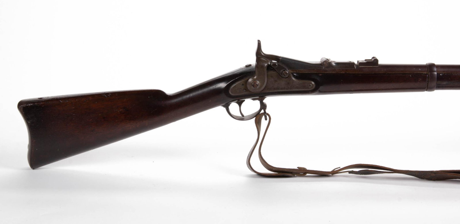 ALLIN CONVERSION MODEL 1866 TRAPDOOR RIFLE WITH BAYONET: ALLIN CONVERSION MODEL 1866 TRAPDOOR RIFLE WITH BAYONET, round barrel secured with three rings, lockplate marked with a spread-wing eagle and "U.S. / SPRINGFIELD" in front of hammer and "1864" to rear