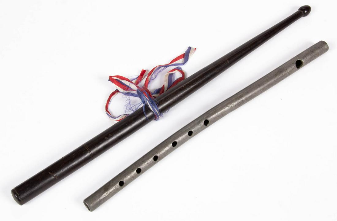 CIVIL WAR ERA FLUTE / DRUM STICK, WITH MAINE HISTORY: CIVIL WAR ERA FLUTE / DRUM STICK, WITH MAINE HISTORY, no markings located. Circa 1865. Flute 13 5/8" L.Provenance: Descended in the Walker family, Newry, ME.Catalogue Note: According to the consignor,