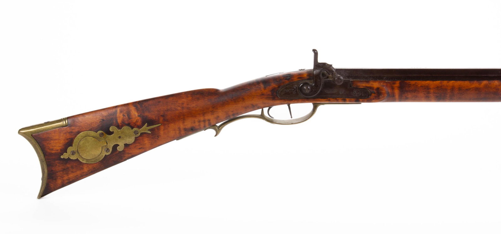SIGNED GEORGE KOPP, PENNSYLVANIA KENTUCKY-STYLE LONG: SIGNED GEORGE KOPP, PENNSYLVANIA KENTUCKY-STYLE LONG RIFLE, approximately .50 caliber, percussion, figured maple half-stock with brass patchbox, smooth-bore octagonal barrel stamped "G. KOPP" to top, 