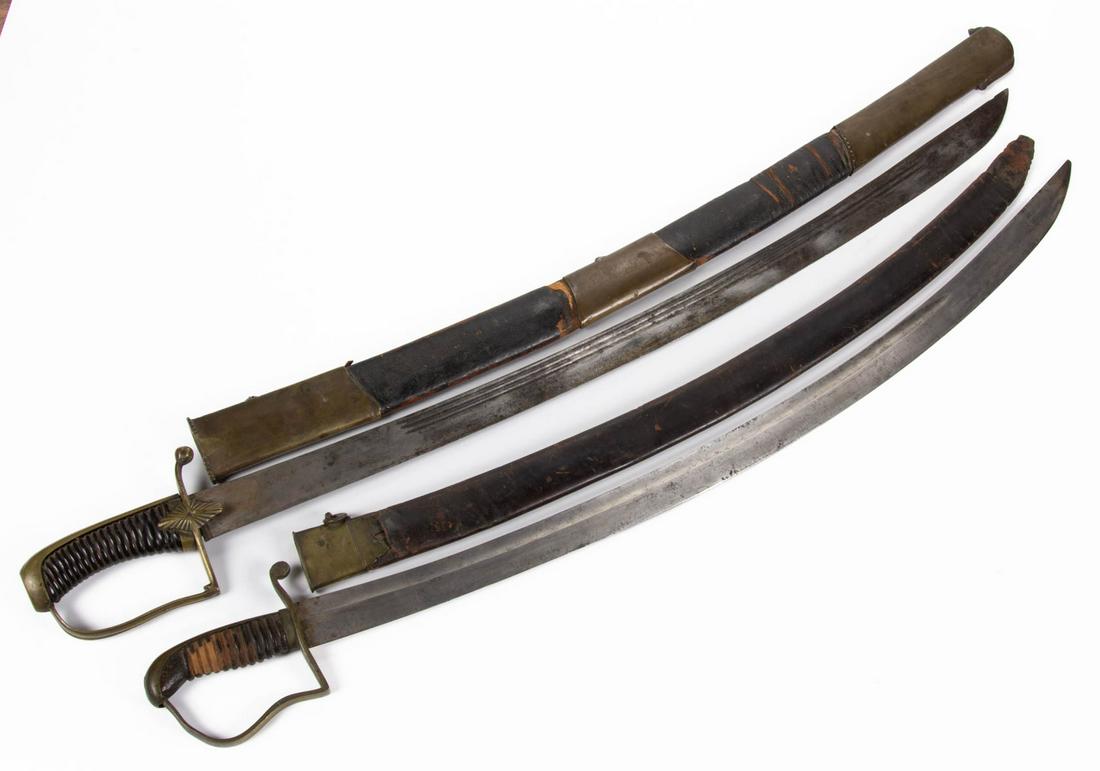 ASSORTED MILITARY SWORDS / SABERS WITH SCABBARDS, LOT: ASSORTED MILITARY SWORDS / SABERS WITH SCABBARDS, LOT OF TWO, no markings located, each with brass knuckle guard including one with carved wooden grip. First half 19th century. One 33" L (blade), 38 1