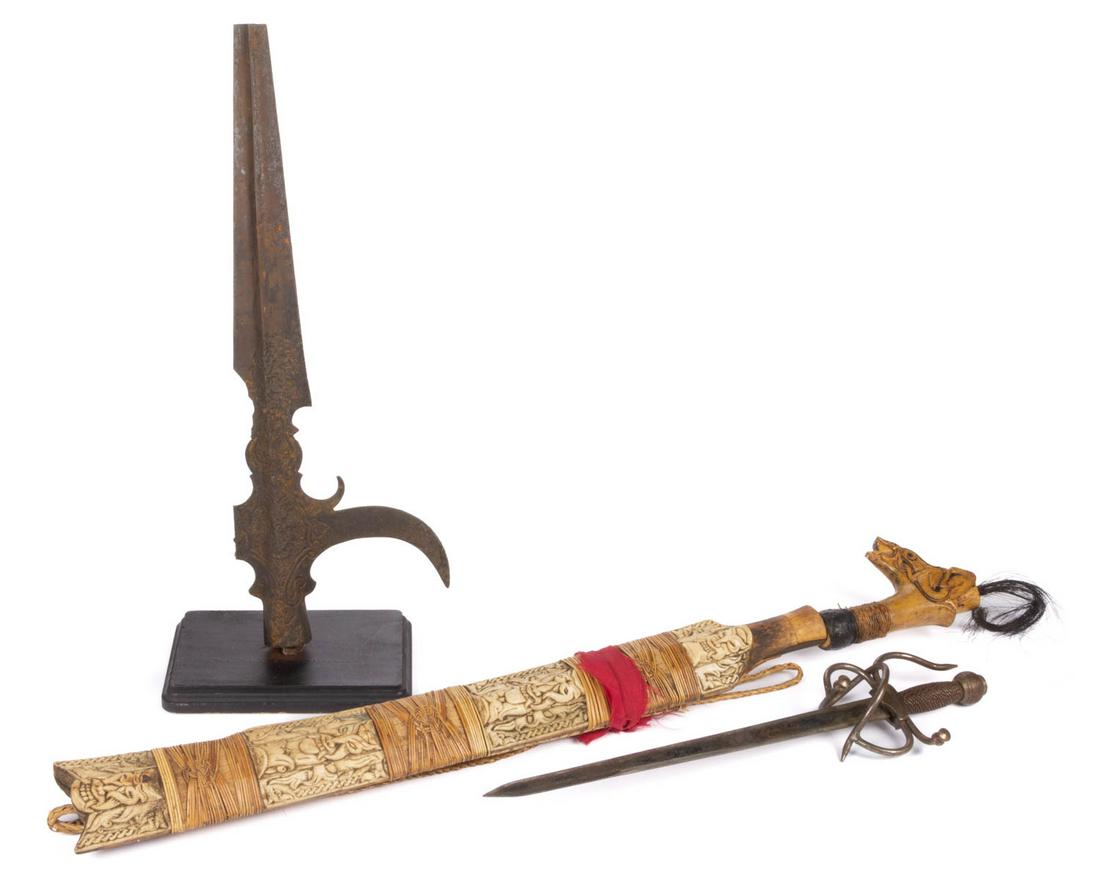 ASSORTED EDGE WEAPONS, LOT OF THREE: ASSORTED EDGE WEAPONS, LOT OF THREE, including a parrying dagger, possibly Italian and a halberd. 19th century. Dagger 12 1/8" L (blade), 15 3/4" LOA.