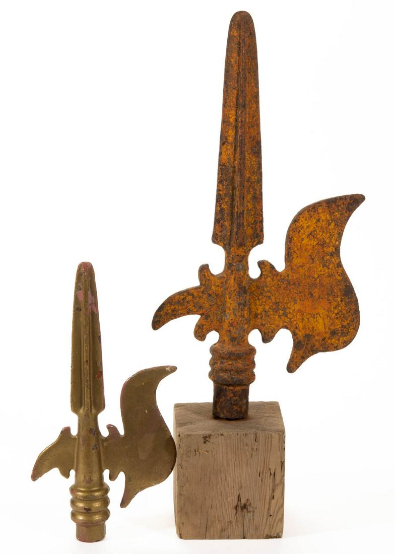 COLONIAL-STYLE PIKEMAN'S AXES / PIKES, LOT OF TWO: COLONIAL-STYLE PIKEMAN'S AXES / PIKES, LOT OF TWO, comprising one with an old gold-painted surface, and another example applied to a later base. 20th century or earlier. 12" H and 22" HOA.Provenance: