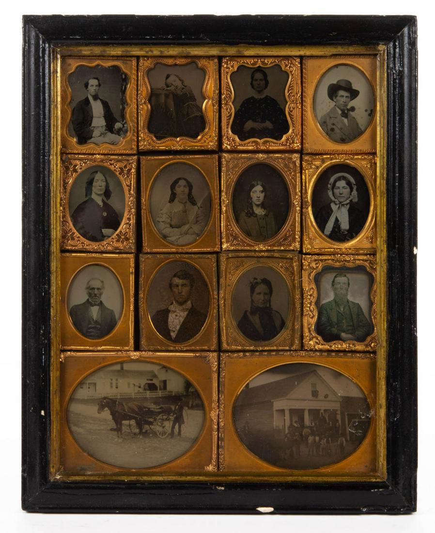 WARRENTON, VIRGINIA, FRAMED PHOTOGRAPHIC IMAGES: WARRENTON, VIRGINIA, FRAMED PHOTOGRAPHIC IMAGES, tintypes and ambrotypes, comprising 12 seated sitters, and a town scene, and a horse and buggy. Housed under glass in a period frame. 1850-1870. 12 3/4