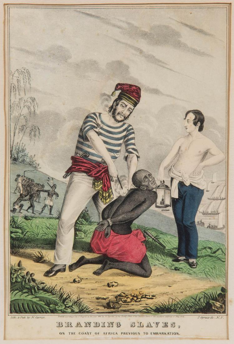 N. CURRIER "BRANDING SLAVES" HISTORICAL PRINT: N. CURRIER "BRANDING SLAVES" HISTORICAL PRINT, depicting two white captors with one shirtless and holding a lantern with whip at feet, and the other smoking a pipe and branding an African man, who kne