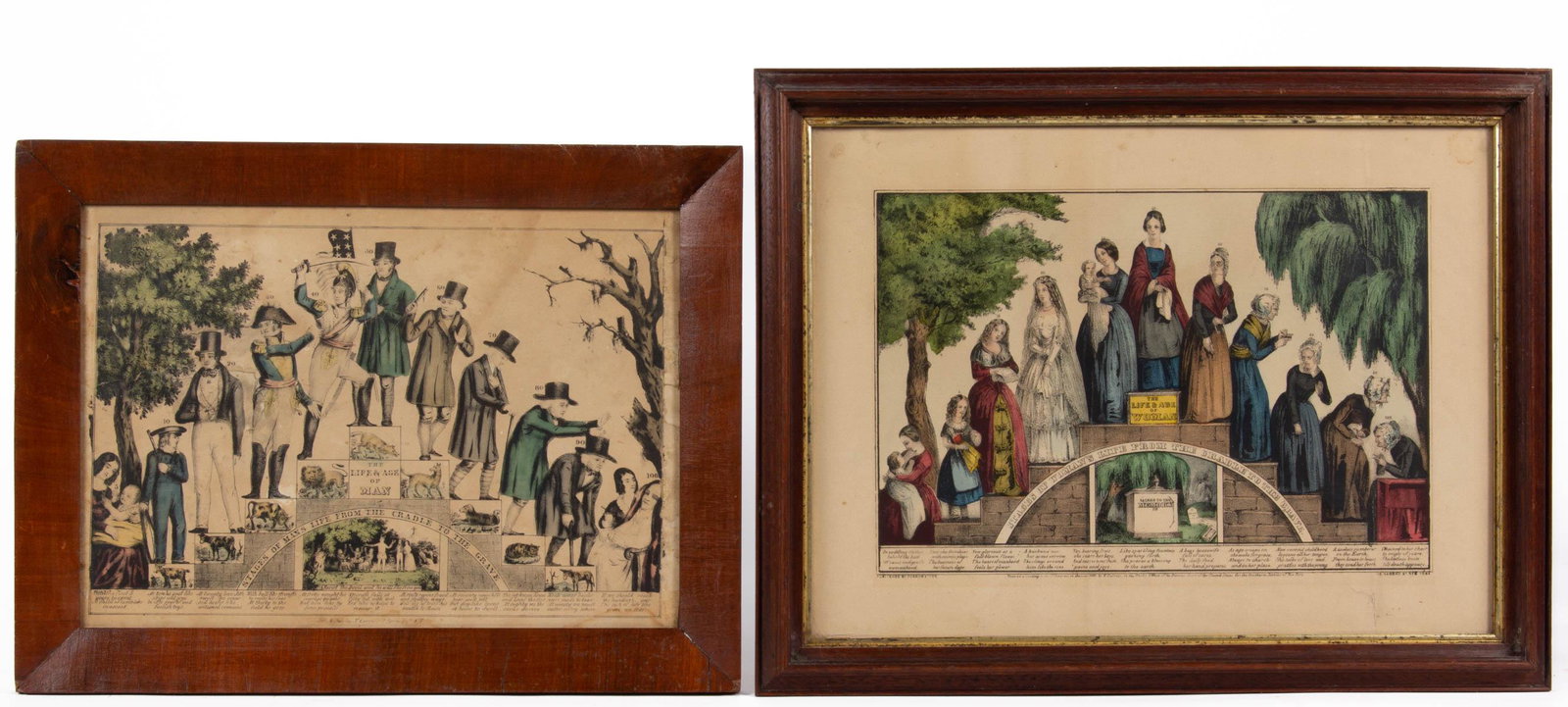 N. CURRIER AND CURRIER & IVES "LIFE FROM THE CRADLE TO: N. CURRIER AND CURRIER & IVES "LIFE FROM THE CRADLE TO GRAVE" PRINTS, LOT OF TWO, each hand-colored lithograph on paper, each featuring a stepped pyramid format with figures progressing from a baby to
