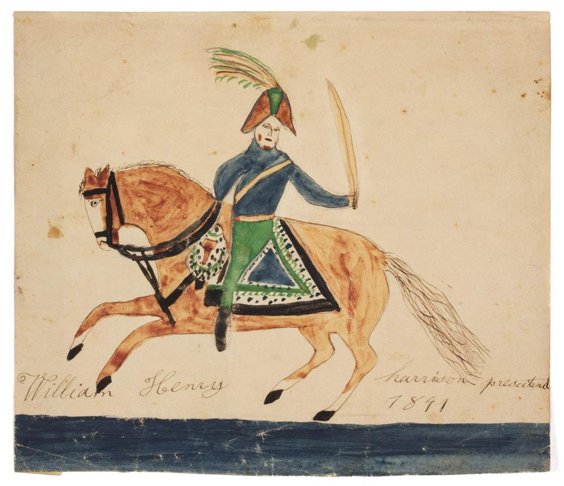RARE AMERICAN SCHOOL (19TH CENTURY) FOLK ART DRAWING OF: RARE AMERICAN SCHOOL (19TH CENTURY) FOLK ART DRAWING OF WILLIAM HENRY HARRISON, watercolor and ink on paper, a naÃ¯ve depiction of subject on horseback, holding a sword aloft, likely after a printed