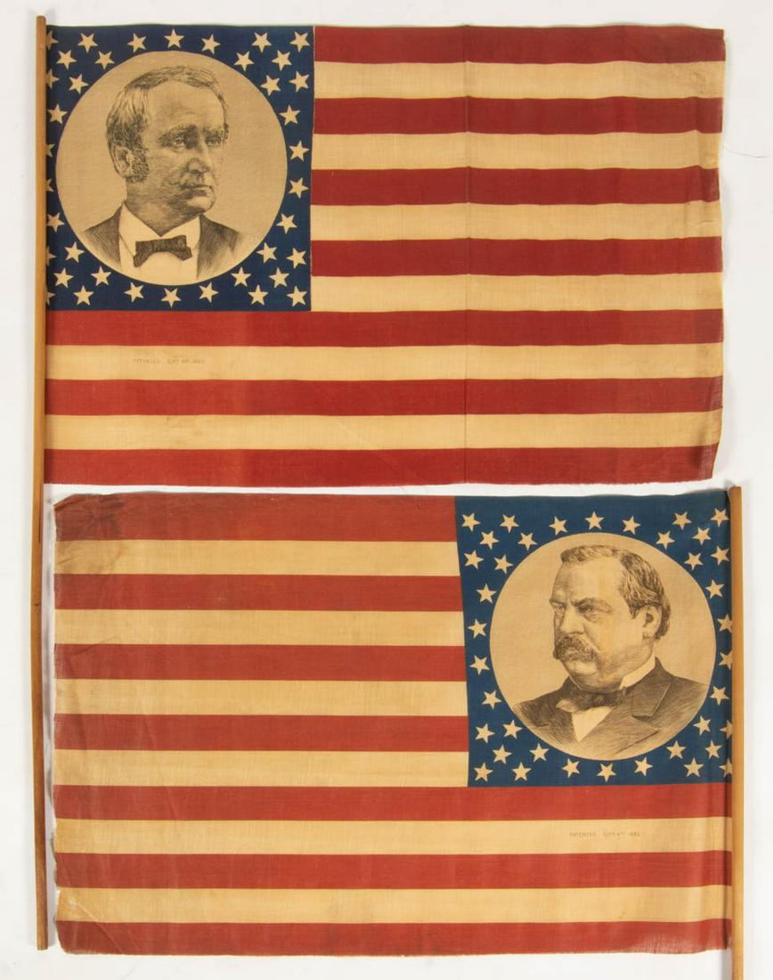 PAIR OF CLEVELAND-HENDRICKS PRESIDENTIAL CAMPAIGN FLAG: PAIR OF CLEVELAND-HENDRICKS PRESIDENTIAL CAMPAIGN FLAG BANNERS, printed glazed cotton muslin, each of horizontal format featuring 13 red and white stripes and blue canton bearing portrait of candidate