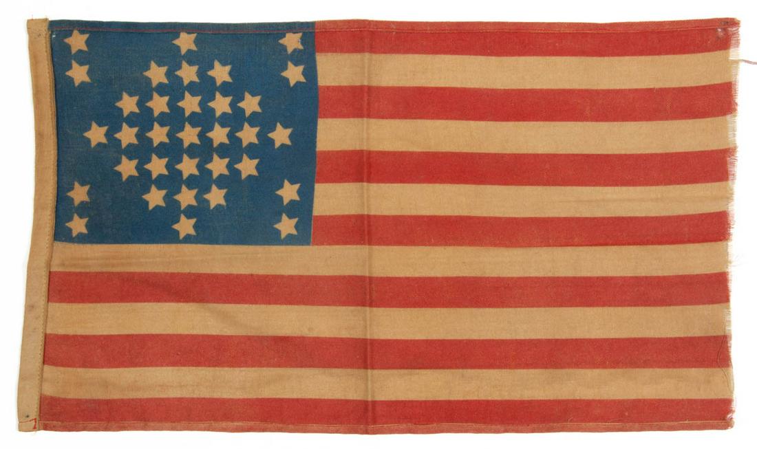 RARE 33-STAR AMERICAN NATIONAL OREGON STATEHOOD PARADE: RARE 33-STAR AMERICAN NATIONAL OREGON STATEHOOD PARADE FLAG, printed cotton muslin, the cornflower blue canton featuring highly unusual central diamond pattern flanked by pairs of corner stars, 13 red