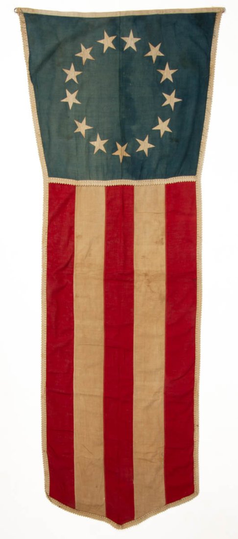 CENTENNIAL 13-STAR AMERICAN NATIONAL FLAG BANNER: CENTENNIAL 13-STAR AMERICAN NATIONAL FLAG BANNER, wool bunting, with five machine-stitched stripes and cotton linen single-appliqued five-pointed stars arranged in a wreath pattern, applied canvas hoi