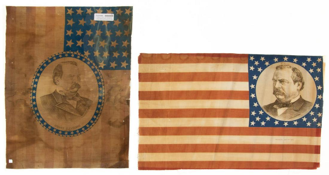 GROVER CLEVELAND PRESIDENTIAL CAMPAIGN FLAG BANNER: GROVER CLEVELAND PRESIDENTIAL CAMPAIGN FLAG BANNER, printed glazed cotton muslin, of horizontal format featuring 13 red and white stripes and blue canton bearing portrait of candidate surrounded by 38