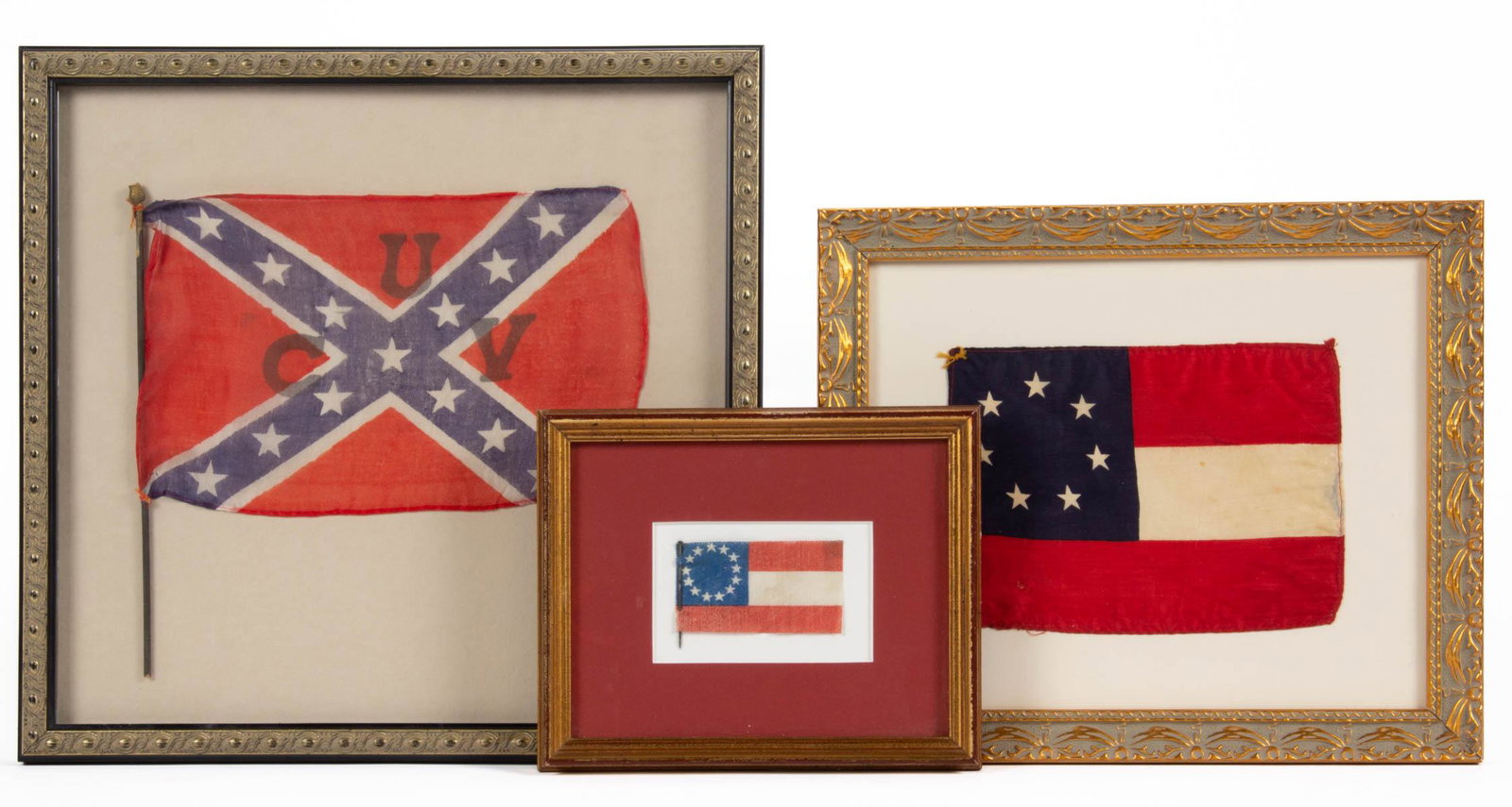 UNITED CONFEDERATE VETERANS / UCV PRINTED PARADE FLAGS,: UNITED CONFEDERATE VETERANS / UCV PRINTED PARADE FLAGS, LOT OF TWO, silk (each), one in the "First National" pattern, the other in the "St. Andrew's Cross" pattern, the latter retaining portion of pos