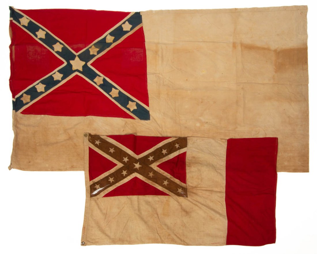 UNITED CONFEDERATE VETERANS / UCV REUNION FLAGS, LOT OF: UNITED CONFEDERATE VETERANS / UCV REUNION FLAGS, LOT OF TWO, each machine-sewn cotton linen, "Second National" and "Third National" designs, each featuring the "St. Andrew's Cross" pattern with 13 dou