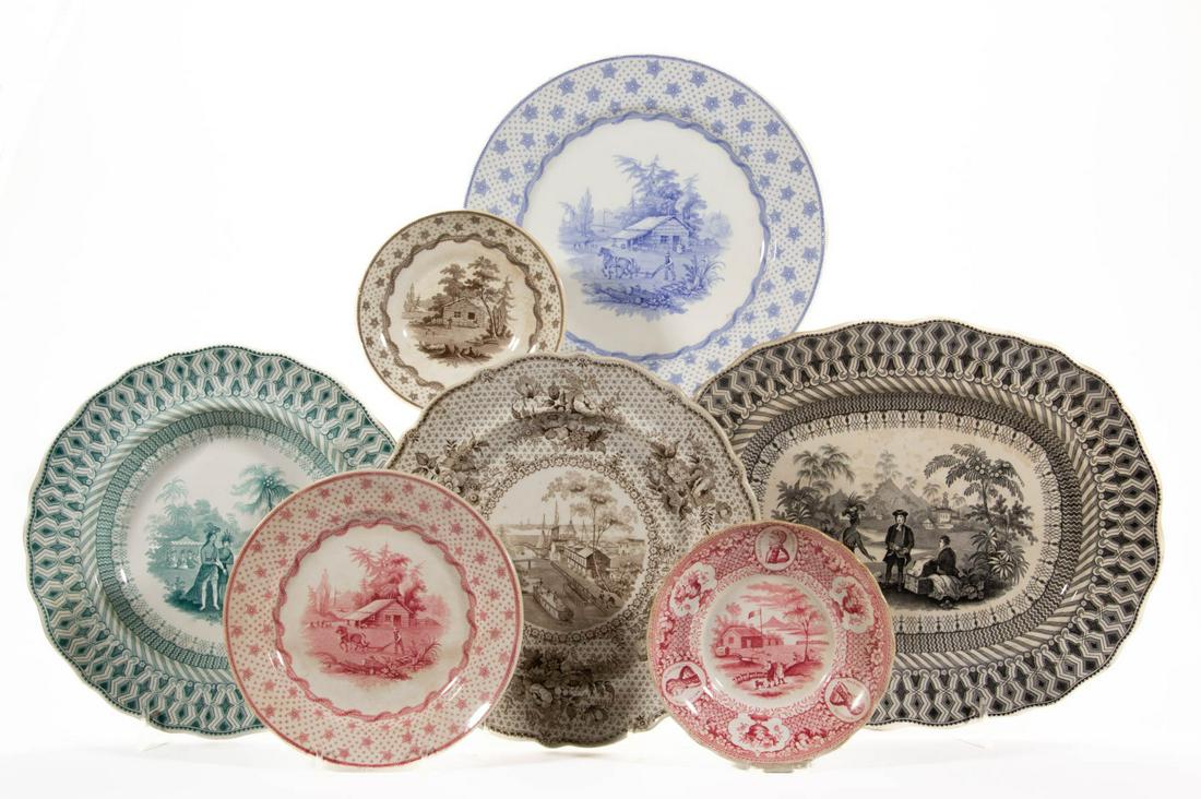ENGLISH STAFFORDSHIRE BLUE TRANSFER-PRINTED AMERICAN: ENGLISH STAFFORDSHIRE BLUE TRANSFER-PRINTED AMERICAN HISTORICAL CERAMIC TABLE ARTICLES, LOT OF SEVEN, comprising three examples with William H. Harrison patterns including "Colombian Star" pattern and