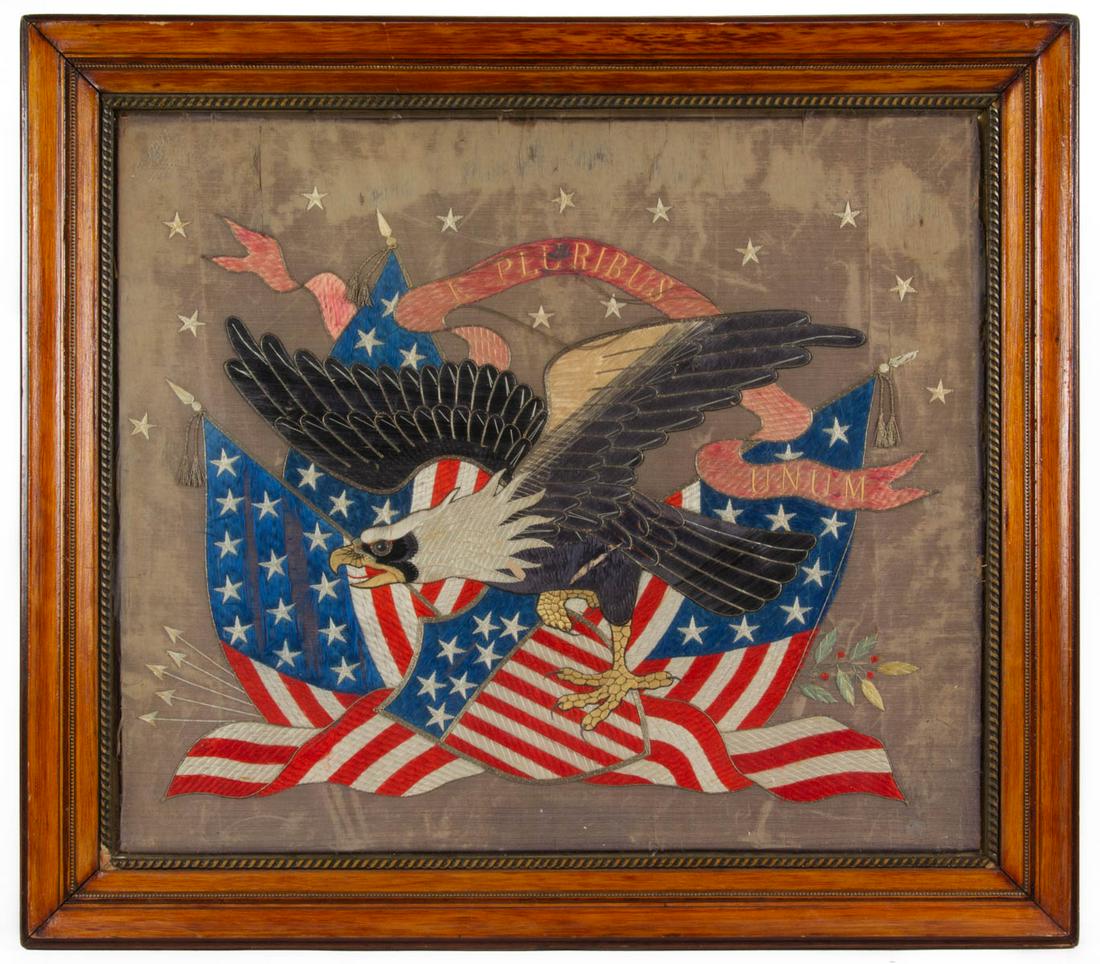 CHINESE EXPORT AMERICAN EMBLEM SILK-EMBROIDERED: CHINESE EXPORT AMERICAN EMBLEM SILK-EMBROIDERED NEEDLEWORK PANEL, silk with silver gilt-thread, depicting a spread-wing eagle with glass eye, talons clutching at an American shield with three draping 