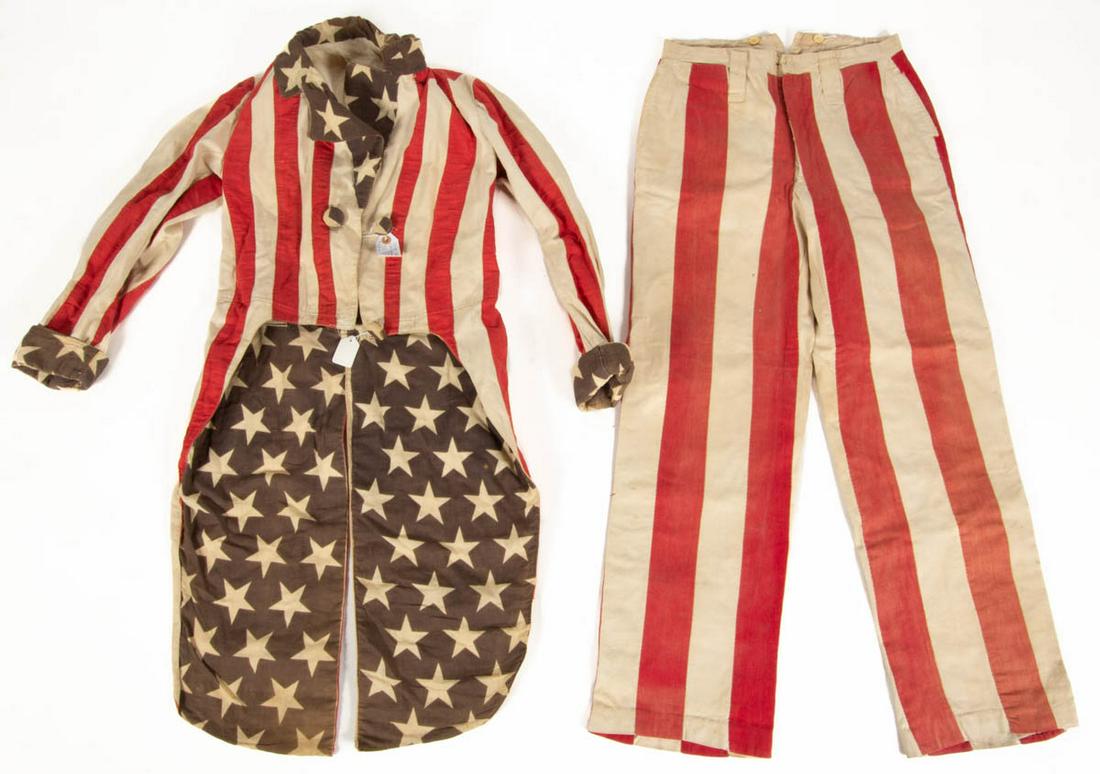 VINTAGE PATRIOTIC "UNCLE SAM" PARADE COSTUME: VINTAGE PATRIOTIC "UNCLE SAM" PARADE COSTUME, machine- and hand-sewn, comprising a jacket and trousers, design featuring applied red cotton stripes on a white canvas ground and printed cotton elements