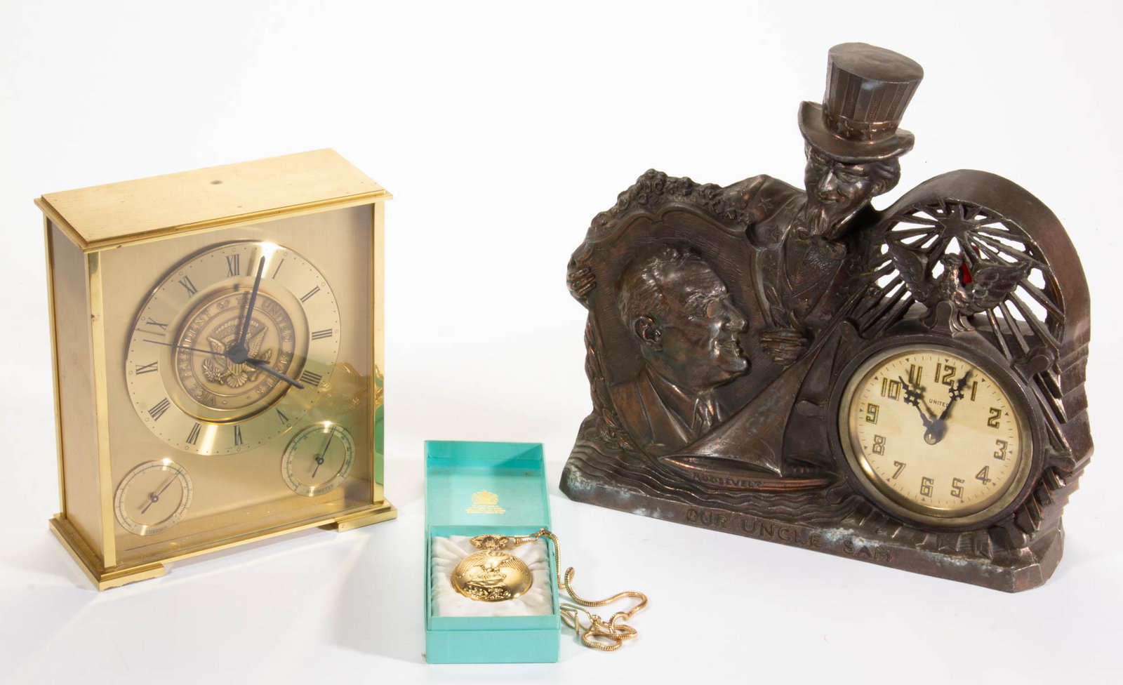 FRANKLIN ROOSEVELT PRESIDENTIAL / PATRIOTIC FIGURAL: FRANKLIN ROOSEVELT PRESIDENTIAL / PATRIOTIC FIGURAL METAL ELECTRIC CLOCK, design featuring bust of Roosevelt and a benevolent Uncle Sam, titled "OUR UNCLE SAM", fitted with colored light bulb to rever