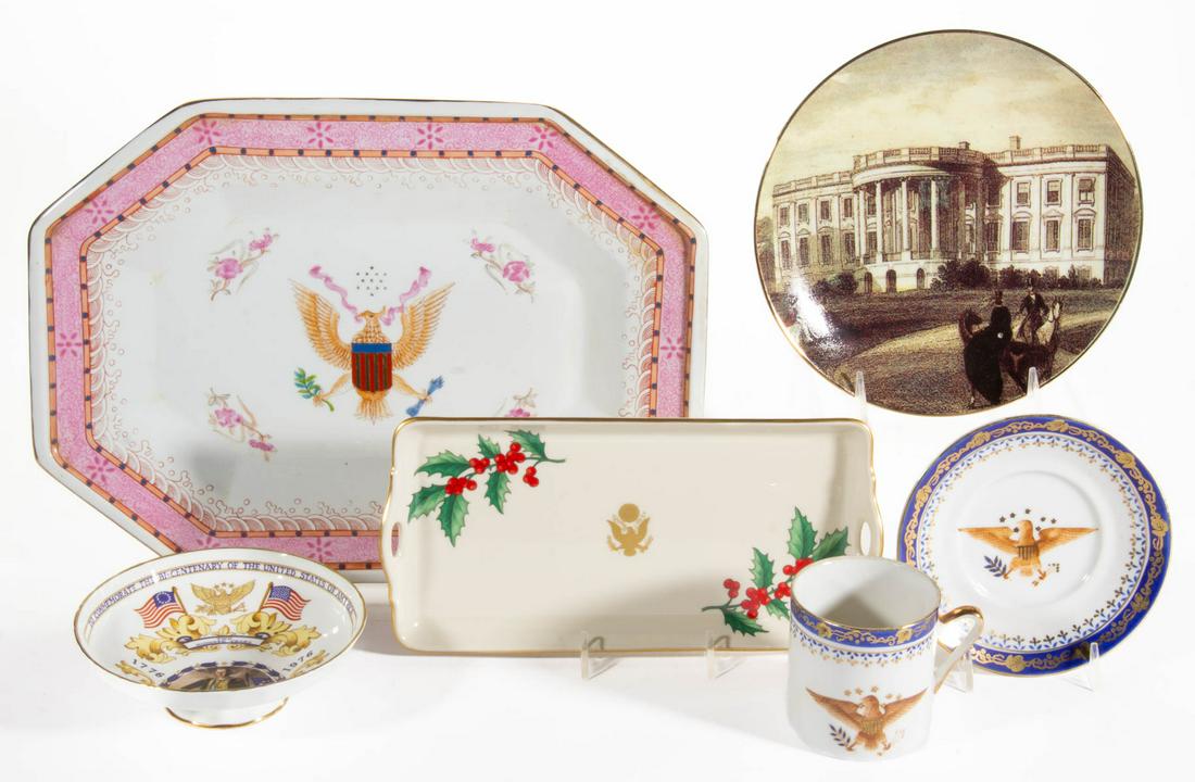 MODERN PRESIDENTIAL PORCELAIN ARTICLES, LOT OF SIX: MODERN PRESIDENTIAL PORCELAIN ARTICLES, LOT OF SIX, comprising a plate made exclusively for Penguin Marketing Group featuring transfer of the White House, a footed dish "TO COMMEMORATE THE BI-CENTENAR