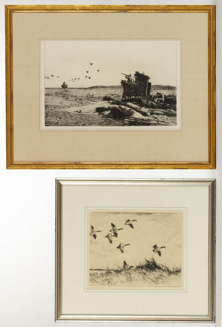 AIDEN LASSELL RIPLEY (AMERICAN, 1896-1969) HUNTING /: AIDEN LASSELL RIPLEY (AMERICAN, 1896-1969) HUNTING / SPORTING ETCHING, signed lower right. Fitted with mat and housed in a modern frame. Together with a Frank Benson (American, 1862-1951) etching, tit