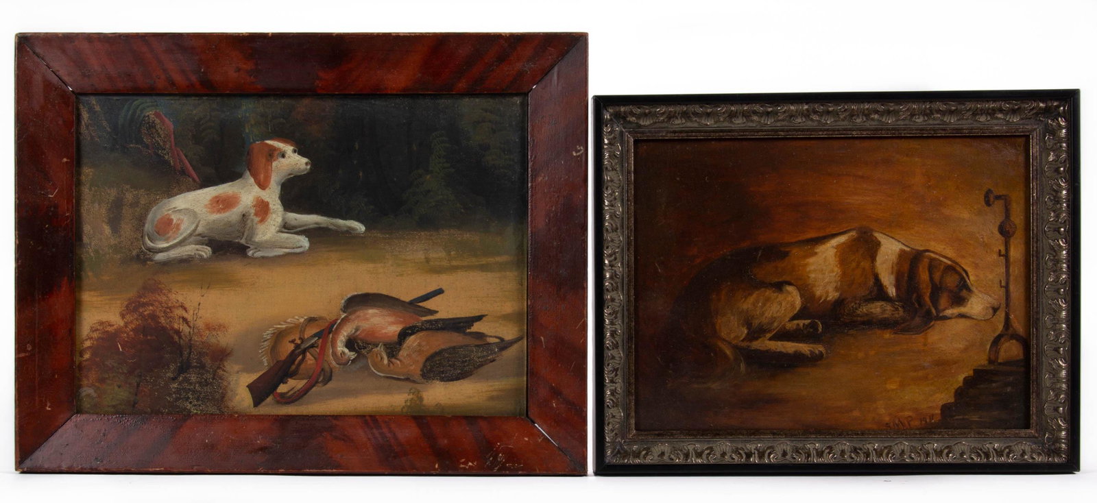AMERICAN SCHOOL (LATE 19TH/ EARLY 20TH CENTURY) FOLK: AMERICAN SCHOOL (LATE 19TH/ EARLY 20TH CENTURY) FOLK ART HUNTING / SPORTING SCENE, oil on canvas, depicting a hunting dog resting in a wooded landscape with retrieved game and a rifle nearby, no signa