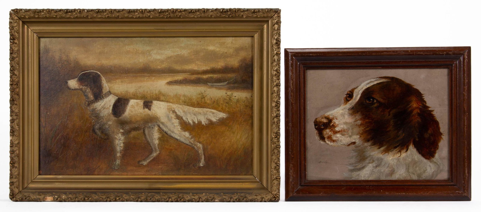 AMERICAN SCHOOL (EARLY 20TH CENTURY) FOLK ART HUNTING /: AMERICAN SCHOOL (EARLY 20TH CENTURY) FOLK ART HUNTING / SPORTING SCENE, oil on board, featuring a brown-and-white dog on point in a grassy field by a lake, a boat moored in the distance, signed and da