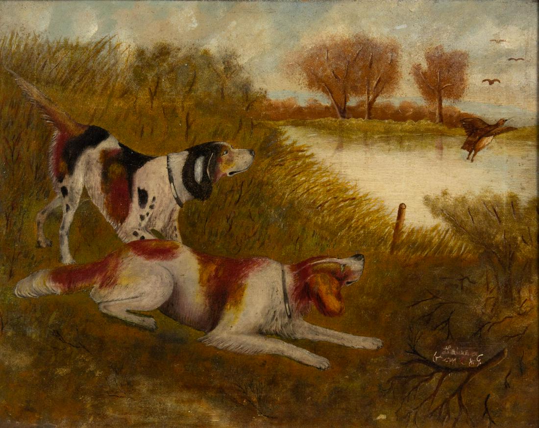 AMERICAN SCHOOL (19TH CENTURY) FOLK ART HUNTING /: AMERICAN SCHOOL (19TH CENTURY) FOLK ART HUNTING / SPORTING SCENE, oil on canvas, featuring two hunting dogs flushing waterfowl on the shores of a rural lake, signed and inscribed indistinctly lower ri