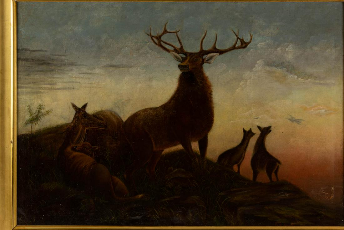 AMERICAN SCHOOL (19TH CENTURY) FOLK ART HUNTING /: AMERICAN SCHOOL (19TH CENTURY) FOLK ART HUNTING / SPORTING SCENE, oil on canvas, depicting elk against a blue sky backdrop, no signature located. Housed in likely original gilt molded frame. Fourth qu