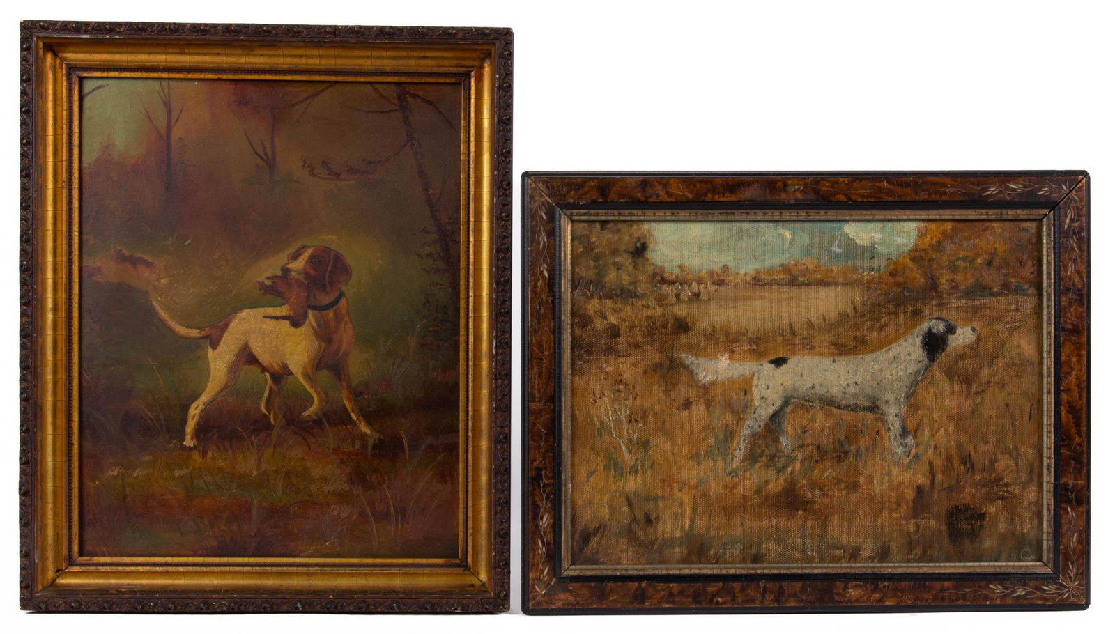 AMERICAN SCHOOL (LATE / EARLY 20TH CENTURY) FOLK ART: AMERICAN SCHOOL (LATE / EARLY 20TH CENTURY) FOLK ART HUNTING / SPORTING SCENE, oil on Academy board, depicting a hunting dog with a retrieved bird in a wooded landscape, no signature located, remnant 