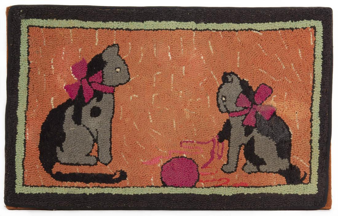 AMERICAN FOLK ART CAT PICTORIAL HOOKED RUG: AMERICAN FOLK ART CAT PICTORIAL HOOKED RUG, rectangular form, depicting two cats in matching red bows, one cat plays with a ball of red yarn, orange ground with white pattern, four sides with double b