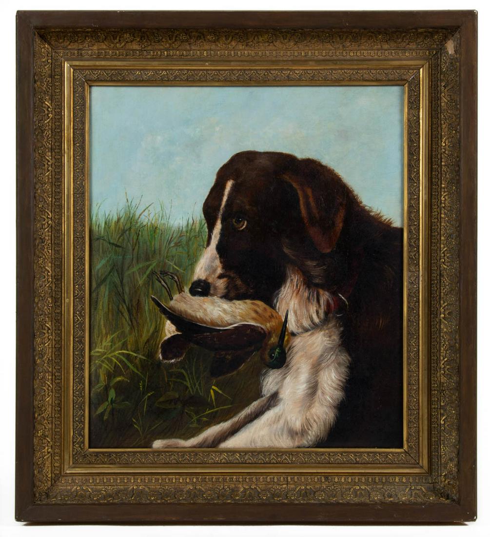 AMERICAN SCHOOL (LATE 19TH/EARLY 20TH CENTURY) FOLK ART: AMERICAN SCHOOL (LATE 19TH/EARLY 20TH CENTURY) FOLK ART SPORTING SCENE, oil on canvas, featuring a brown-and-white dog clutching a retrieved snipe, set in a grassy landscape, unsigned, on likely origi