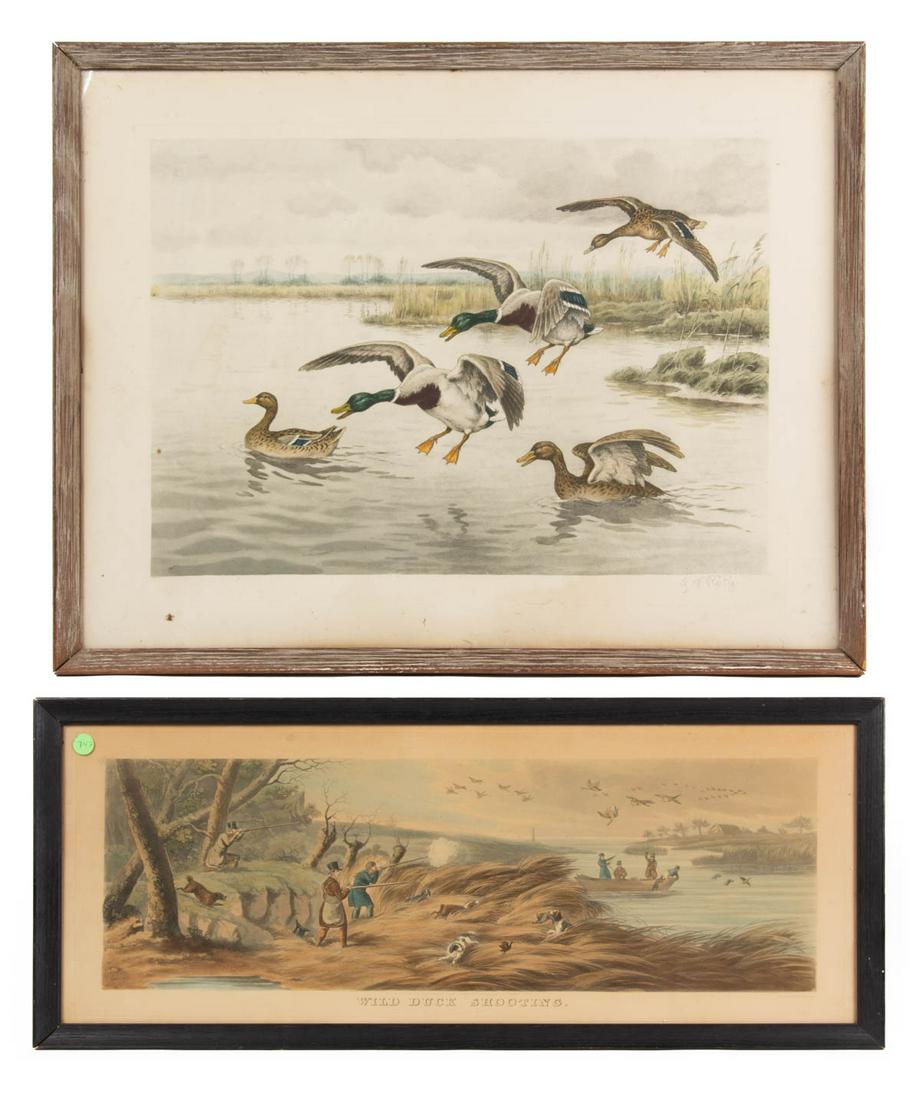 GEORGE FREDERICK ROTIG (FRENCH, 1873-1961) SPORTING: GEORGE FREDERICK ROTIG (FRENCH, 1873-1961) SPORTING WILDFOWL SCENE, etching in color, depicting mallards landing on water in a wetlands landscape, pencil signed lower right. Housed in an old frame. To