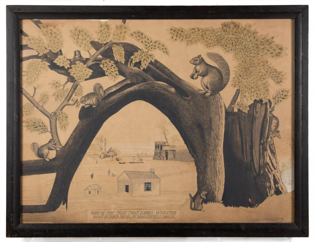 DANIEL WEBSTER FOLK ART MEMORIAL DRAWING: DANIEL WEBSTER FOLK ART MEMORIAL DRAWING, pen and watercolor on paper, an extremely detailed depiction of squirrels, chipmunk, and tree, titled "THIS IS THE TREE THAT DANIEL WEBSTER WAS BURIED NEAR, I