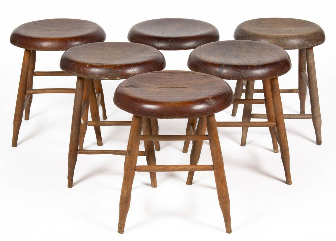 VALLEY OF VIRGINIA STOOLS, SET OF SIX: VALLEY OF VIRGINIA STOOLS, SET OF SIX, each with shaped plank seat raised on splayed turned legs joined with box stretcher, some examples with inscribed inscriptions to underside. Retains an old surfa