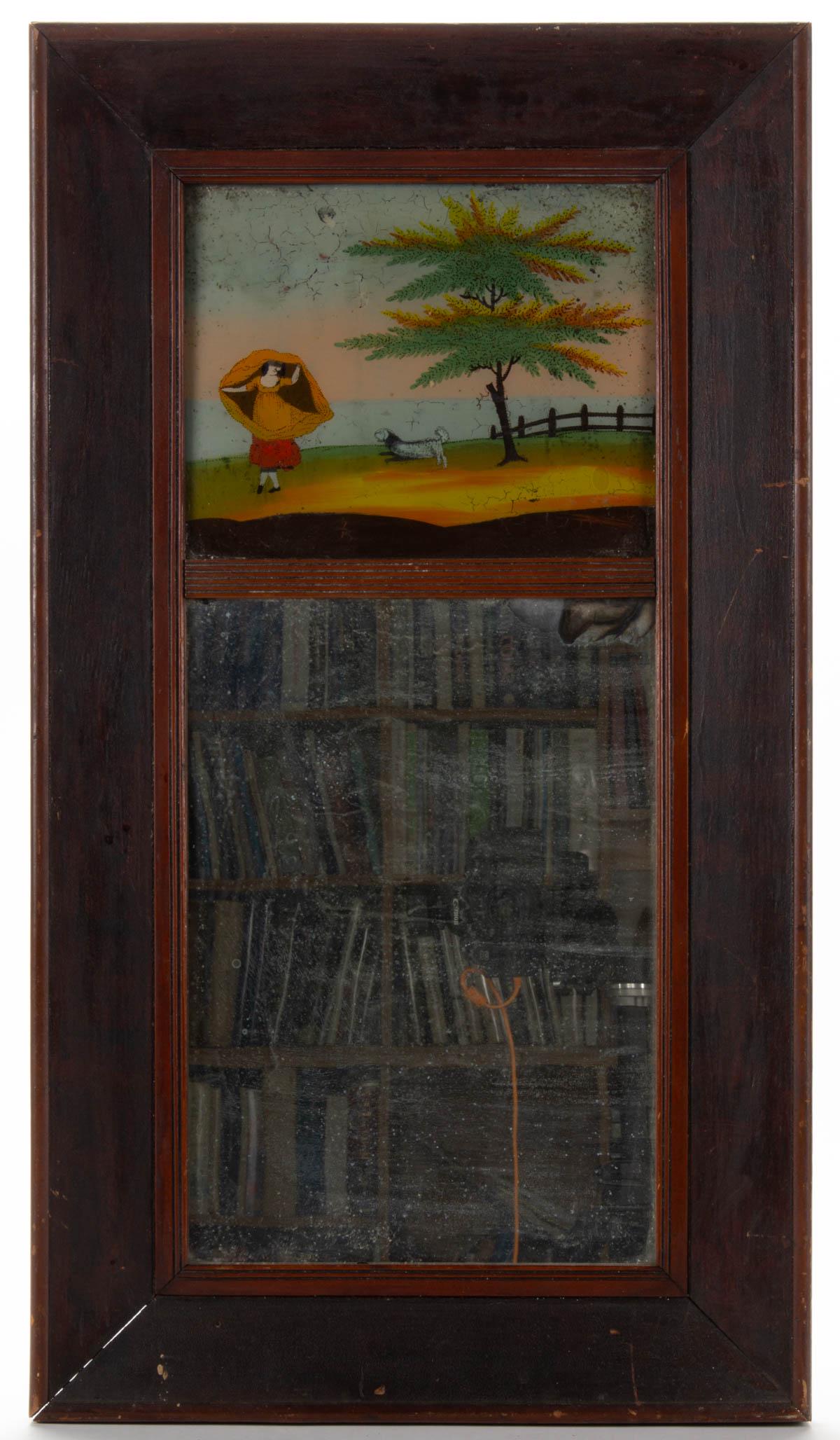 AMERICAN CLASSICAL WALL MIRROR / LOOKING GLASS: AMERICAN CLASSICAL WALL MIRROR / LOOKING GLASS, ogee-molded, two-part form with reverse-painted upper tablet featuring a young lady with a dog, mirror plate below. Frame with an old surface with rich 