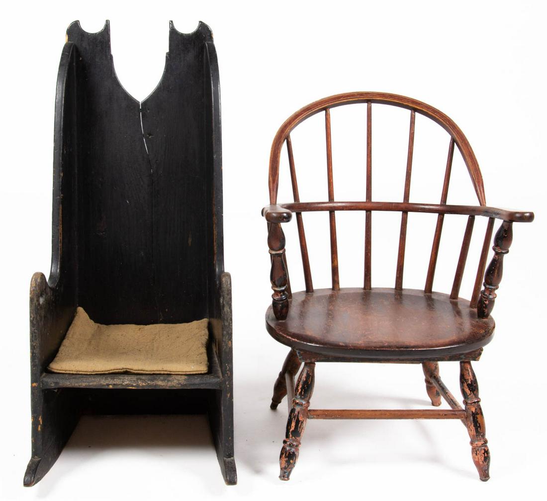 ASSORTED AMERICAN CHILD'S CHAIRS, LOT OF TWO: ASSORTED AMERICAN CHILD'S CHAIRS, LOT OF TWO, comprising a necessity chair with rockers, and Windsor example branded on the bottom "S. BENT & BRO INC / 1867". Each with an old black-painted surface. 1
