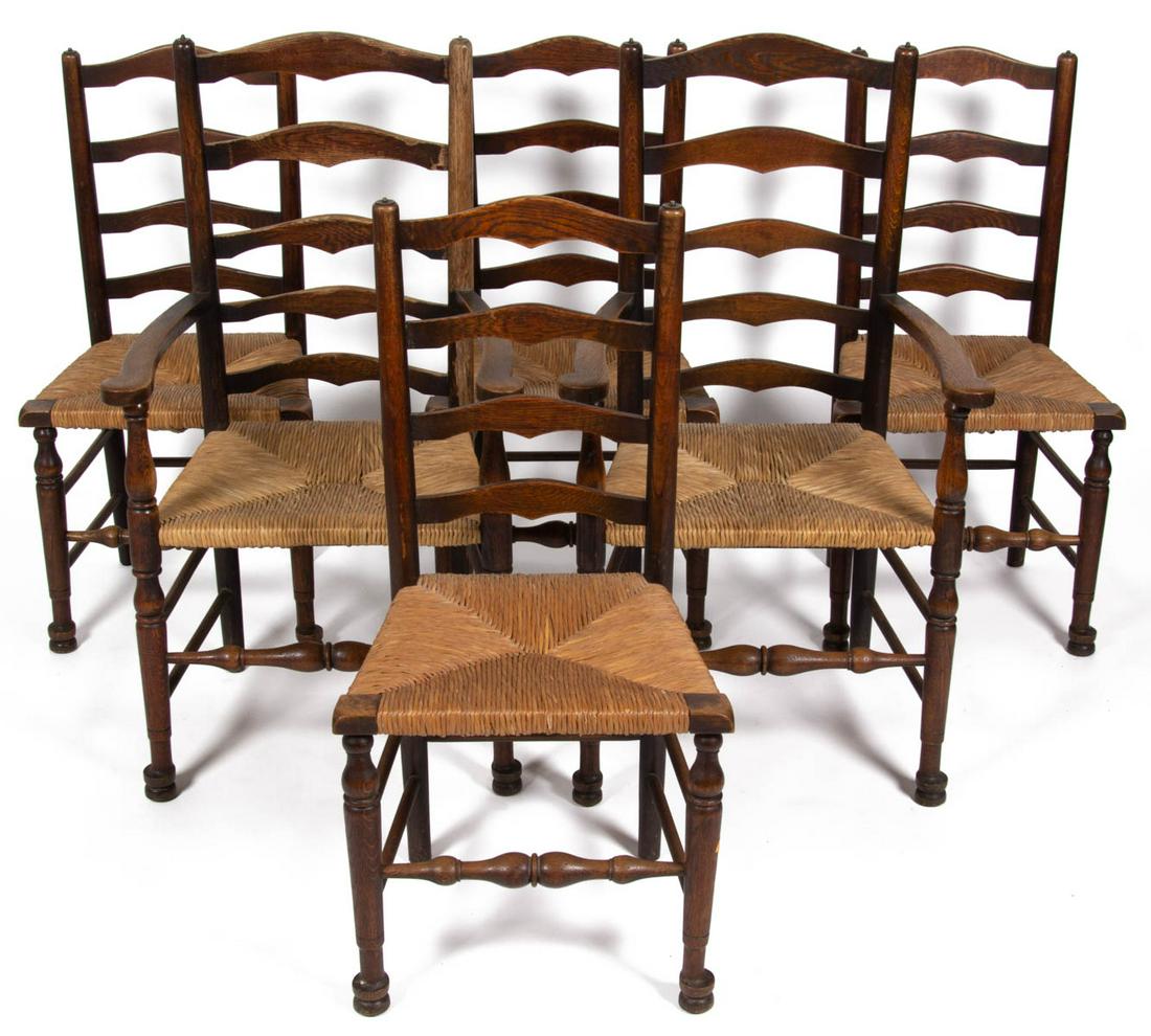 ENGLISH OAK DINING CHAIRS, SET OF SIX: ENGLISH OAK DINING CHAIRS, SET OF SIX, comprising two armchairs featuring six-slat back, and four side chairs with four-slats, each raised on turned block-and-baluster front legs terminating in pad fe