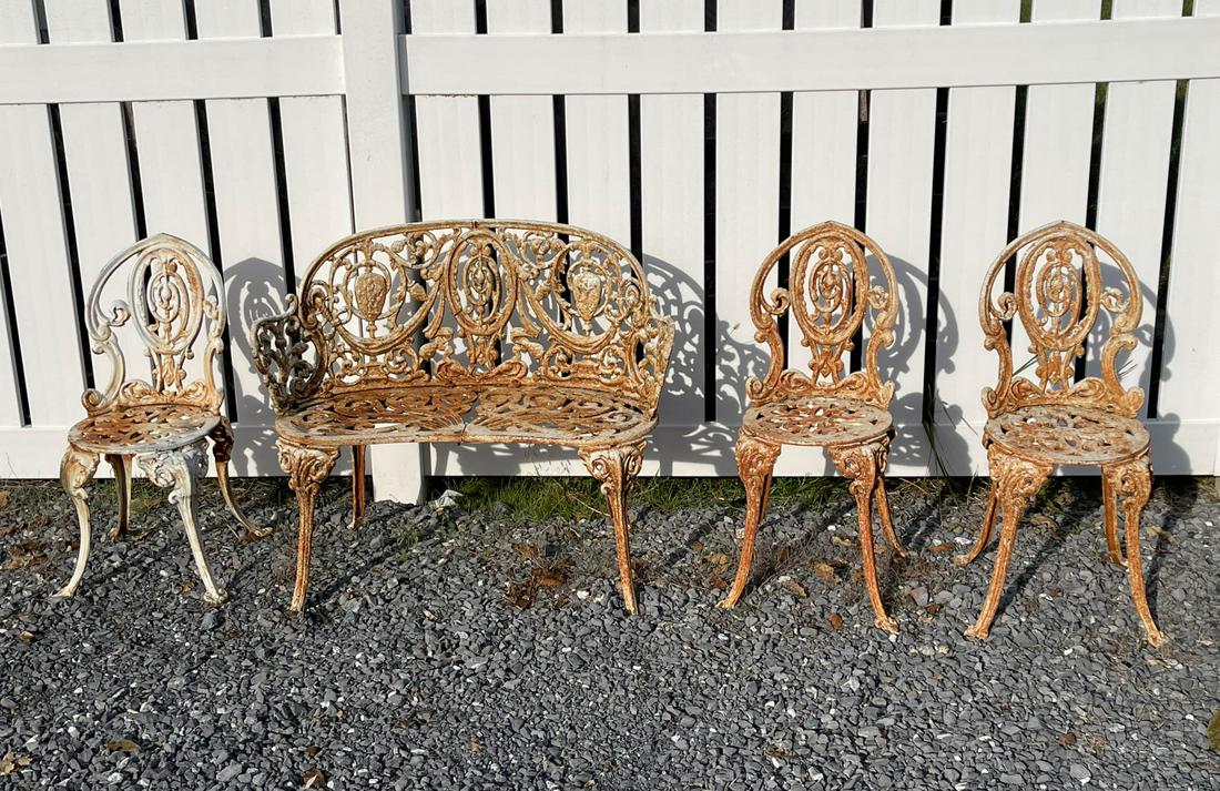 VICTORIAN PAINTED CAST-IRON GARDEN BENCH AND CHAIRS,: VICTORIAN PAINTED CAST-IRON GARDEN BENCH AND CHAIRS, LOT OF FOUR, no markings located. Retains likely original white-painted surface. Discovered in Abingdon, VA. Late 19th/first quarter 20th century.