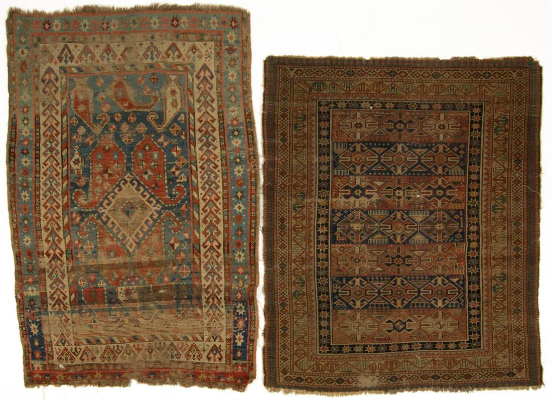 ANTIQUE PERSIAN SCATTER RUGS, LOT OF TWO: ANTIQUE PERSIAN SCATTER RUGS, LOT OF TWO, comprising one having red and blue ground with central medallion, and one with red and blue ground with three rows with seven guls. Late 19th/early 20th centu