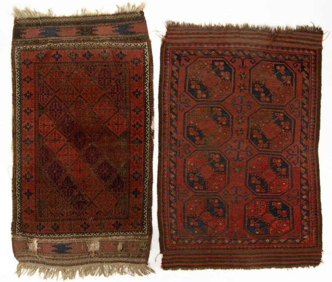 ANTIQUE PERSIAN AFGHAN / PERSIAN THROW RUGS, LOT OF TWO: ANTIQUE PERSIAN AFGHAN / PERSIAN THROW RUGS, LOT OF TWO, red and blue ground, including one with two rows of four guls. Late 19th/early 20th century. One 5' 1" x 3' 2".Provenance: From the estate of D