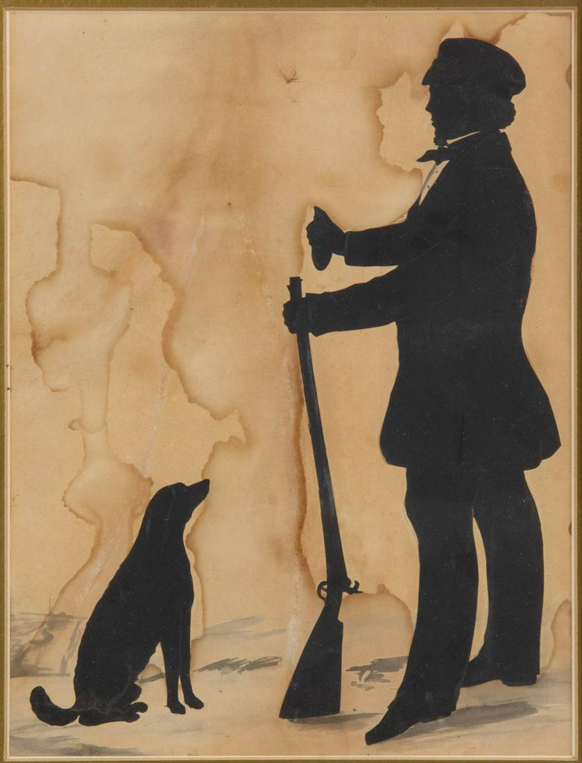 AMERICAN OR BRITISH SCHOOL (19TH CENTURY) FOLK ART: AMERICAN OR BRITISH SCHOOL (19TH CENTURY) FOLK ART CUT-AND-PASTED SILHOUETTE OF HUNTER AND DOG, subject holding a long rifle and powder flask, his dog seated on ground nearby, with hand-painted landsc