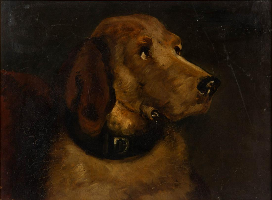 AMERICAN SCHOOL (LATE 19TH/FIRST QUARTER 20TH CENTURY): AMERICAN SCHOOL (LATE 19TH/FIRST QUARTER 20TH CENTURY) FOLK ART PORTRAIT OF AN ENGLISH SETTER, oil on board, probably after Alexander Pope (1849-1924), no signature located. Housed in a modern frame. 