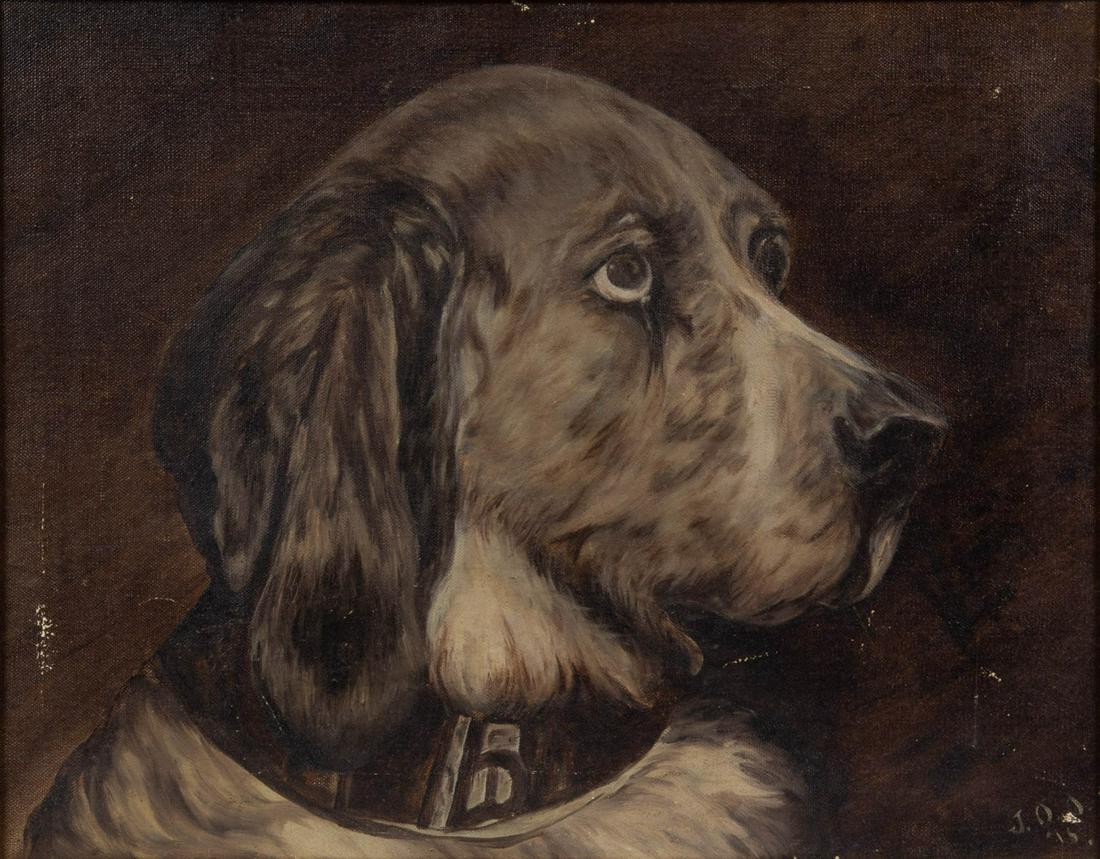 AMERICAN SCHOOL (LATE 19TH/FIRST QUARTER 20TH CENTURY): AMERICAN SCHOOL (LATE 19TH/FIRST QUARTER 20TH CENTURY) FOLK ART PORTRAIT OF AN ENGLISH SETTER, oil on canvas, en grisaille, probably after Alexander Pope (1849-1924), signed and dated lower right, ret