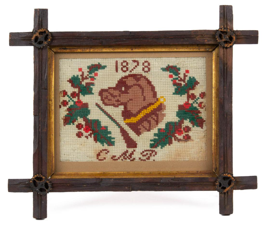 AMERICAN FOLK ART HUNTING / SPORTING NEEDLEWORK PANEL: AMERICAN FOLK ART HUNTING / SPORTING NEEDLEWORK PANEL, wool, possibly a mourning piece, depicting a dog with rifle, initialed and dated "1878 / C.M.P.", encompassed in a wreath. Housed under glass in